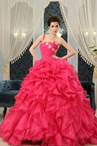 One Shoulder Coral Red A-line Quinceanera Gown Dress Appliqued and Ruffled
