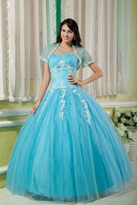 Aqua Blue Sweetheart Tulle Quinceanera Dress with Appliques for Custom Made
