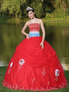 Strapless Red Quinceanera Dress for Girl with Hand Made Flower and Beading