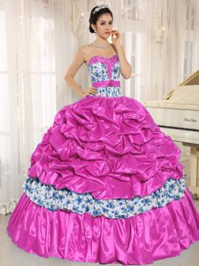 Beaded Hot Pink Quinceanera Dress and Printed with Pick-ups on Sale