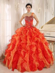New Orange Red One Shoulder Beaded Quinceanera Dress in Spring with Ruffles