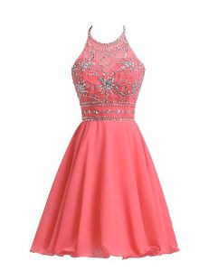 Halter Top Watermelon Red Zipper Prom Evening Gown Beading Sleeveless Knee Length
