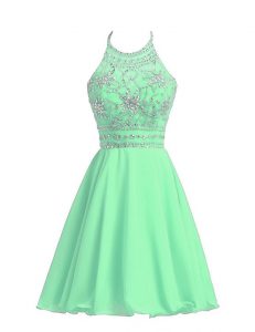 Smart A-line Prom Party Dress Apple Green Halter Top Chiffon Sleeveless Knee Length Zipper