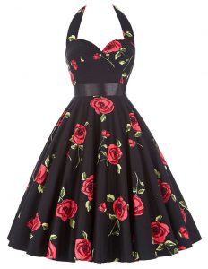 Halter Top Knee Length Red And Black Prom Gown Chiffon Sleeveless Sashes ribbons and Pattern