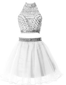 Perfect Chiffon High-neck Sleeveless Zipper Beading Prom Evening Gown in Silver