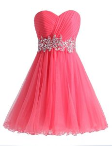 A-line Prom Gown Hot Pink Sweetheart Chiffon and Tulle Sleeveless Knee Length Lace Up