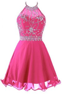 Custom Design Halter Top Organza Sleeveless Mini Length Prom Evening Gown and Beading