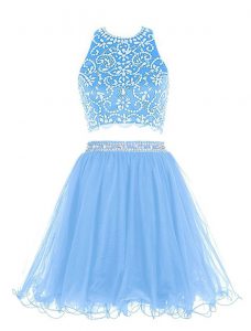 Scoop Sleeveless Chiffon Mini Length Backless Prom Dress in Blue with Beading