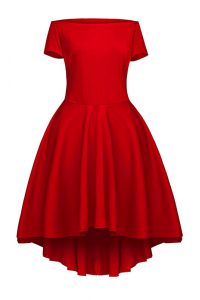 Cute Short Sleeves Tea Length Ruching Side Zipper Prom Dress with Wine Red