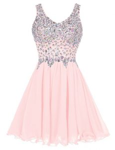 Knee Length Zipper Prom Evening Gown Baby Pink for Prom and Party with Beading