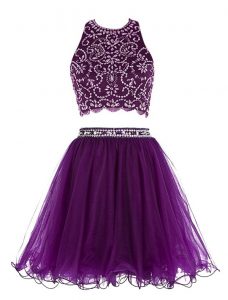 Scoop Mini Length Clasp Handle Homecoming Dress Purple for Prom and Party with Beading