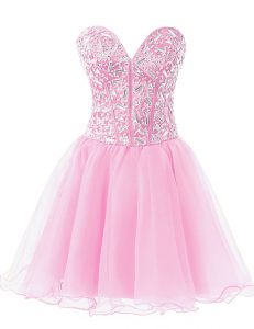 Glorious Rose Pink Sleeveless Beading Knee Length Evening Dress