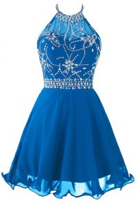 Spectacular Scoop Sleeveless Organza Mini Length Zipper Prom Dress in Blue with Beading and Belt
