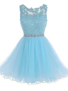 Comfortable Chiffon Scoop Sleeveless Zipper Beading and Lace Prom Evening Gown in Baby Blue