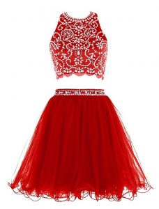 Fantastic Scoop Beading Prom Evening Gown Red Clasp Handle Sleeveless Mini Length