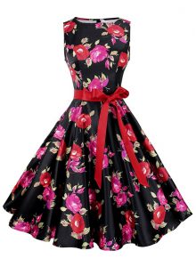 Extravagant Scoop Sleeveless Chiffon Knee Length Zipper Prom Party Dress in Multi-color with Sashes ribbons and Pattern