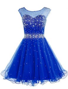 Sleeveless Chiffon Knee Length Zipper Prom Evening Gown in Royal Blue with Beading