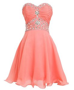 Captivating Watermelon Red Empire Beading and Belt Prom Gown Lace Up Organza Sleeveless Mini Length