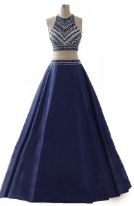 Beauteous Navy Blue Prom Party Dress Prom and Party and For with Beading Scoop Sleeveless Zipper