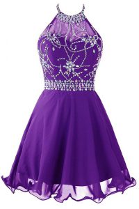 Custom Design Halter Top Purple Sleeveless Mini Length Beading Zipper Prom Dresses