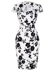 Top Selling White And Black Chiffon Zipper Short Sleeves Knee Length Pattern and Belt