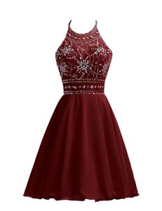 Elegant A-line Prom Party Dress Burgundy Halter Top Chiffon Sleeveless Knee Length Zipper