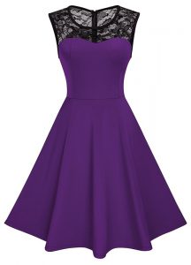Purple Satin Zipper Scoop Sleeveless Knee Length Dress for Prom Lace