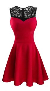 Luxury Red A-line Satin Scoop Sleeveless Lace Tea Length Zipper Dress for Prom