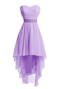 Fitting Lavender Empire Belt Prom Gown Lace Up Organza Sleeveless High Low