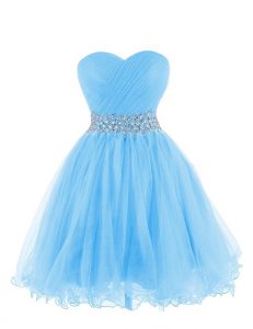 Baby Blue Organza Lace Up Prom Dresses Sleeveless Mini Length Belt