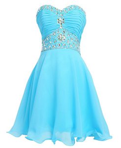 Comfortable Aqua Blue Sleeveless Mini Length Beading and Belt Lace Up Prom Dress