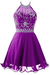 Noble Halter Top Mini Length A-line Sleeveless Purple Homecoming Dress Zipper