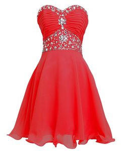 Mini Length Red Prom Dress Organza Sleeveless Beading and Belt
