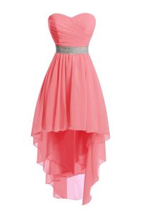 Charming High Low Lace Up Prom Gown Watermelon Red for Prom and Party with Belt