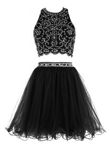 Luxury Scoop Black Empire Beading Homecoming Dress Clasp Handle Chiffon Sleeveless Mini Length