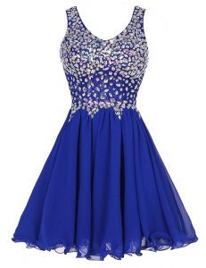Lovely Royal Blue Zipper Dress for Prom Beading Sleeveless Knee Length