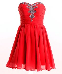 Glittering Sweetheart Sleeveless Prom Dresses Mini Length Beading Red Chiffon