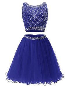 Scoop Royal Blue A-line Beading and Belt Prom Party Dress Side Zipper Organza Sleeveless Mini Length