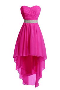 Sweetheart Sleeveless Prom Party Dress High Low Belt Hot Pink Organza