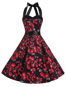 Custom Made Red And Black Chiffon Zipper Halter Top Sleeveless Knee Length Prom Gown Sashes ribbons and Pattern