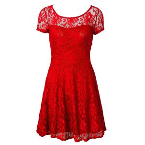 Scoop Red Short Sleeves Lace Tea Length Prom Party Dress