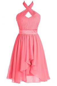 Flare Halter Top Sleeveless Prom Dresses Tea Length Ruching and Belt Watermelon Red Organza