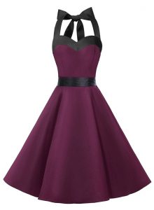 Stunning Halter Top Dark Purple Sleeveless Knee Length Sashes ribbons Zipper Dress for Prom