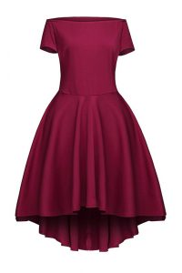 Flare Burgundy Short Sleeves Satin Side Zipper Prom Party Dress for Prom and Party