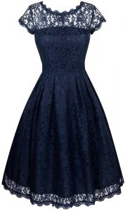 Cheap Navy Blue Scalloped Zipper Lace Prom Party Dress Short Sleeves