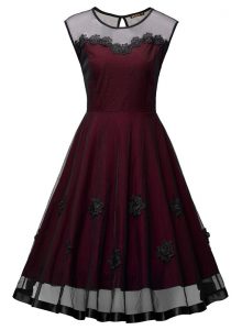 Scoop Ankle Length Burgundy Formal Dresses Organza Sleeveless Embroidery
