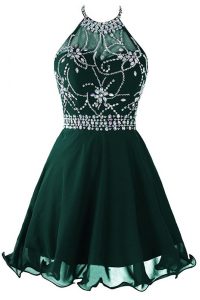 Scoop Sleeveless Evening Dress Mini Length Beading and Belt Dark Green Organza