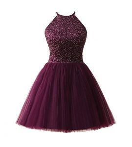 Extravagant Scoop Dark Purple A-line Beading Prom Dress Zipper Chiffon Sleeveless Knee Length