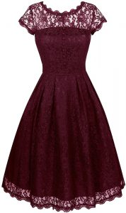 Fancy Burgundy Scalloped Zipper Lace Prom Gown Short Sleeves