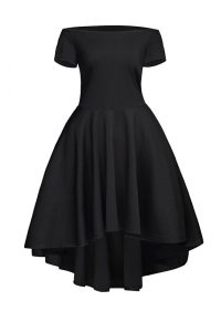 Exceptional Black Satin Side Zipper Prom Dresses Short Sleeves Tea Length Ruching